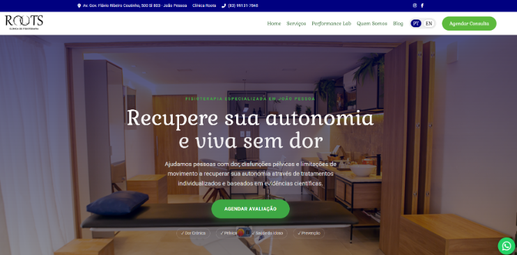 Site Clínica Roots - Fisioterapia e Performance com foco em SEO e Blog.